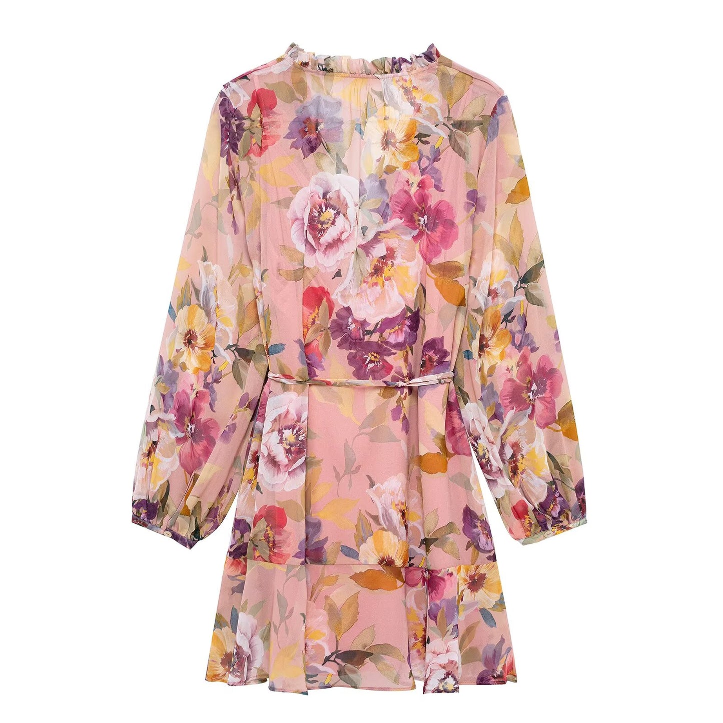 Ruffle V-Neckline Floral Print Mini Dress