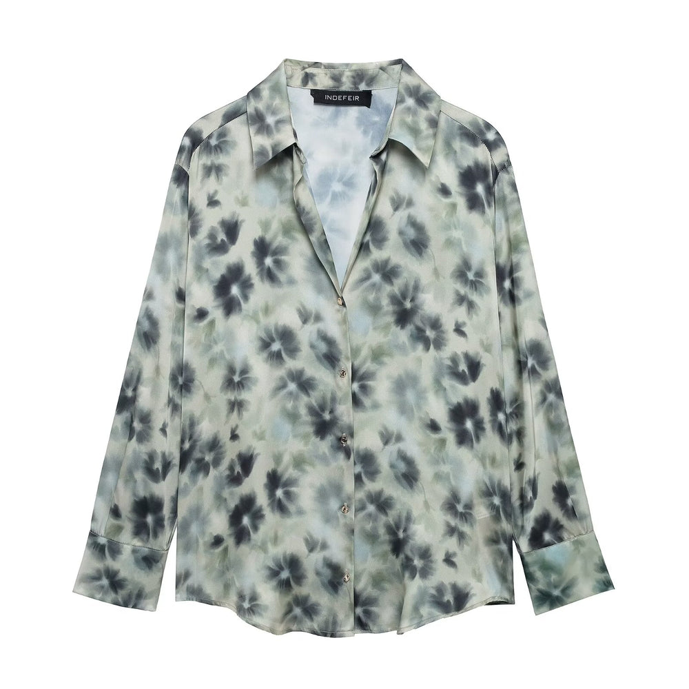 Abstract Floral Print V-Neck Blouse