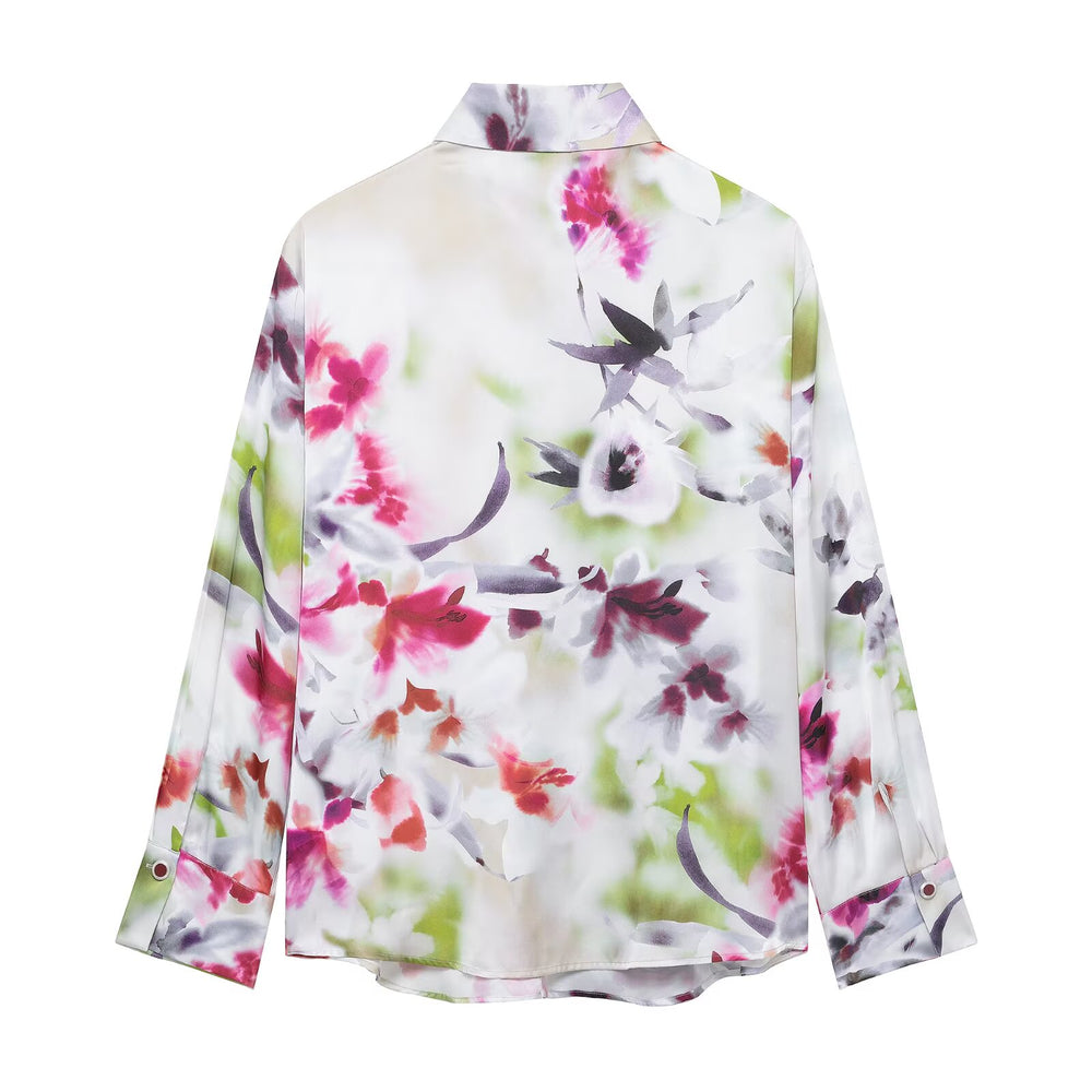 Button Down Abstract Floral Print Collared Blouse