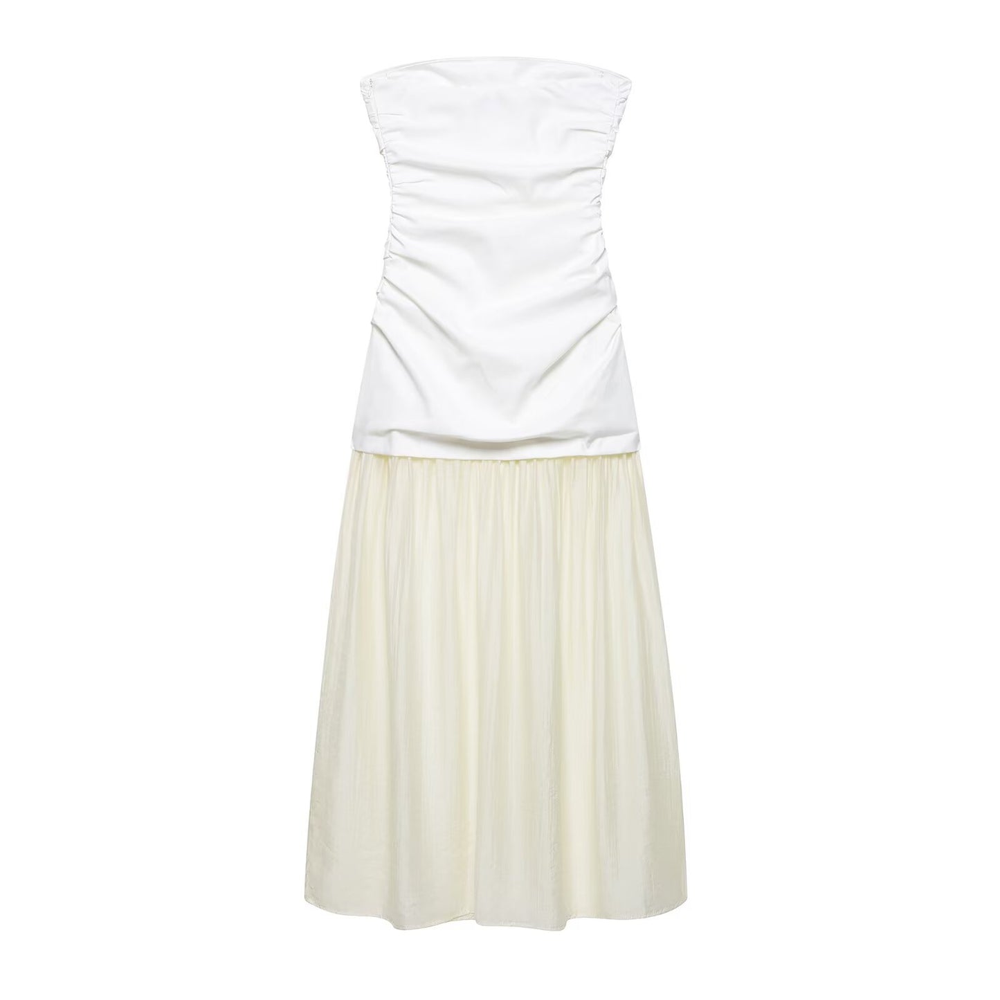 Drop Waist Ruched Strapless Maxi Dress