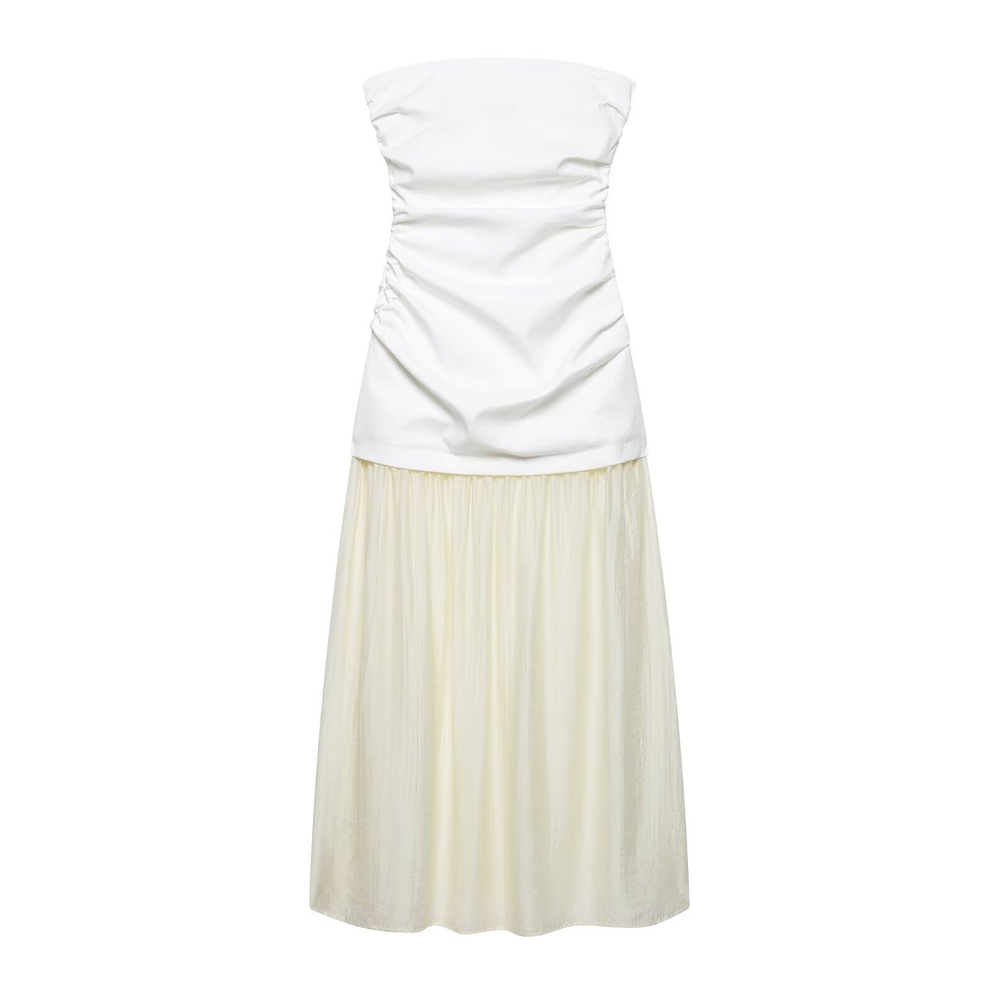 Drop Waist Ruched Strapless Maxi Dress