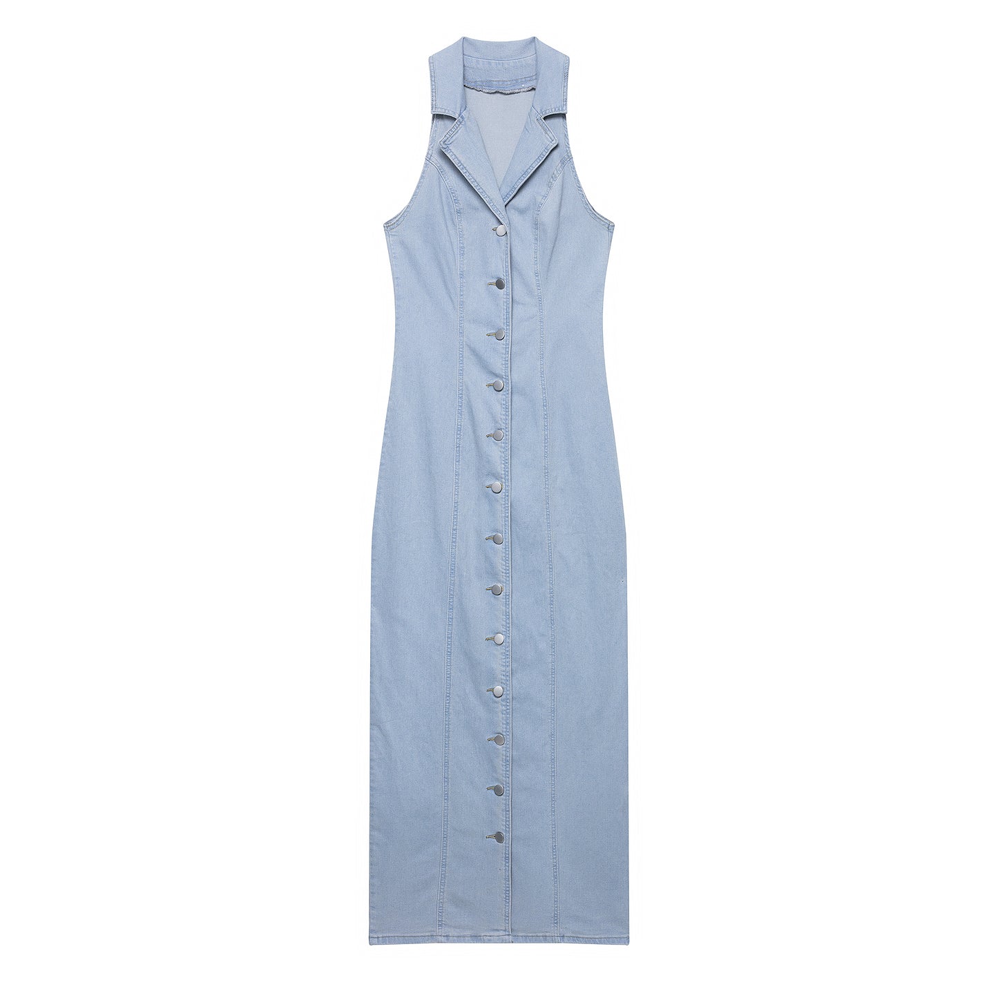 Sleeveless Collared Button Down Denim Maxi Dress - Shop Style Shark Light Blue / L Sleeveless Collared Button Down Denim Maxi Dress - Shop Style Shark Light Blue / L