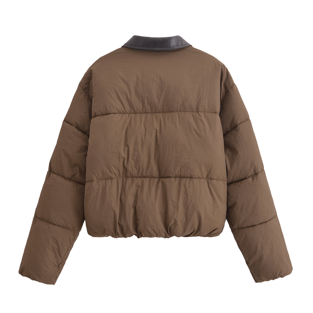 Faux Leather Trim Puffer Coat