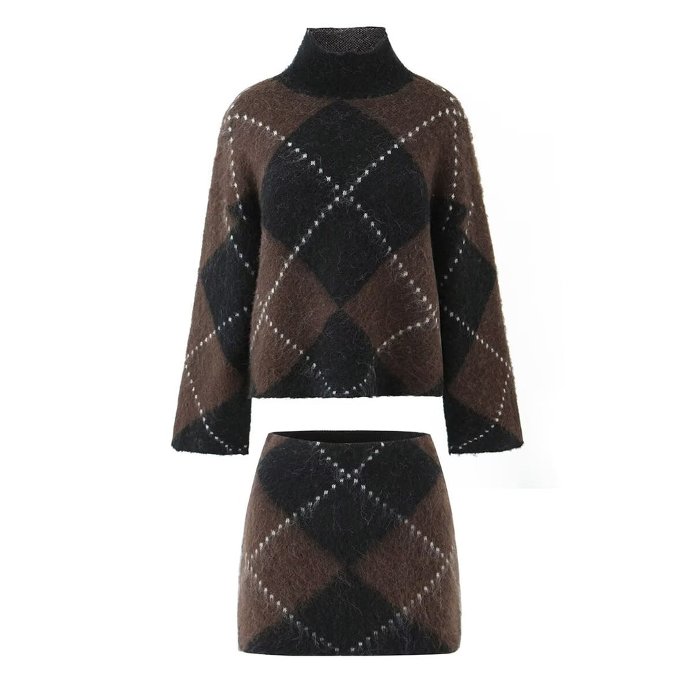 Print Turtleneck Long Sleeve Sweater and Skirt Set