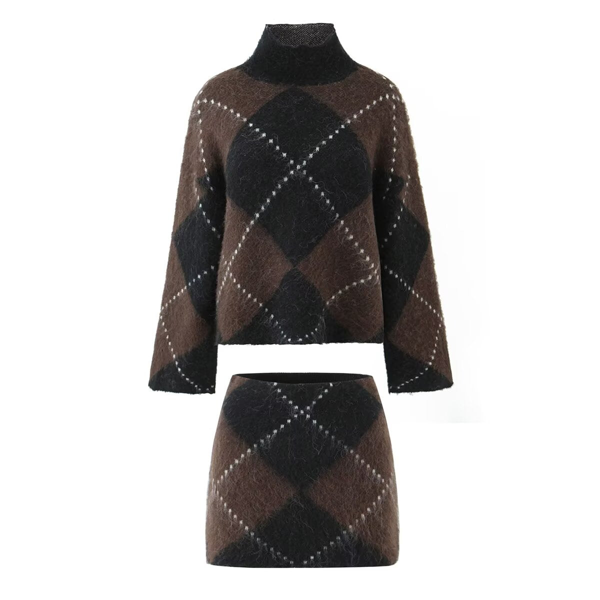 Print Turtleneck Long Sleeve Sweater and Skirt Set