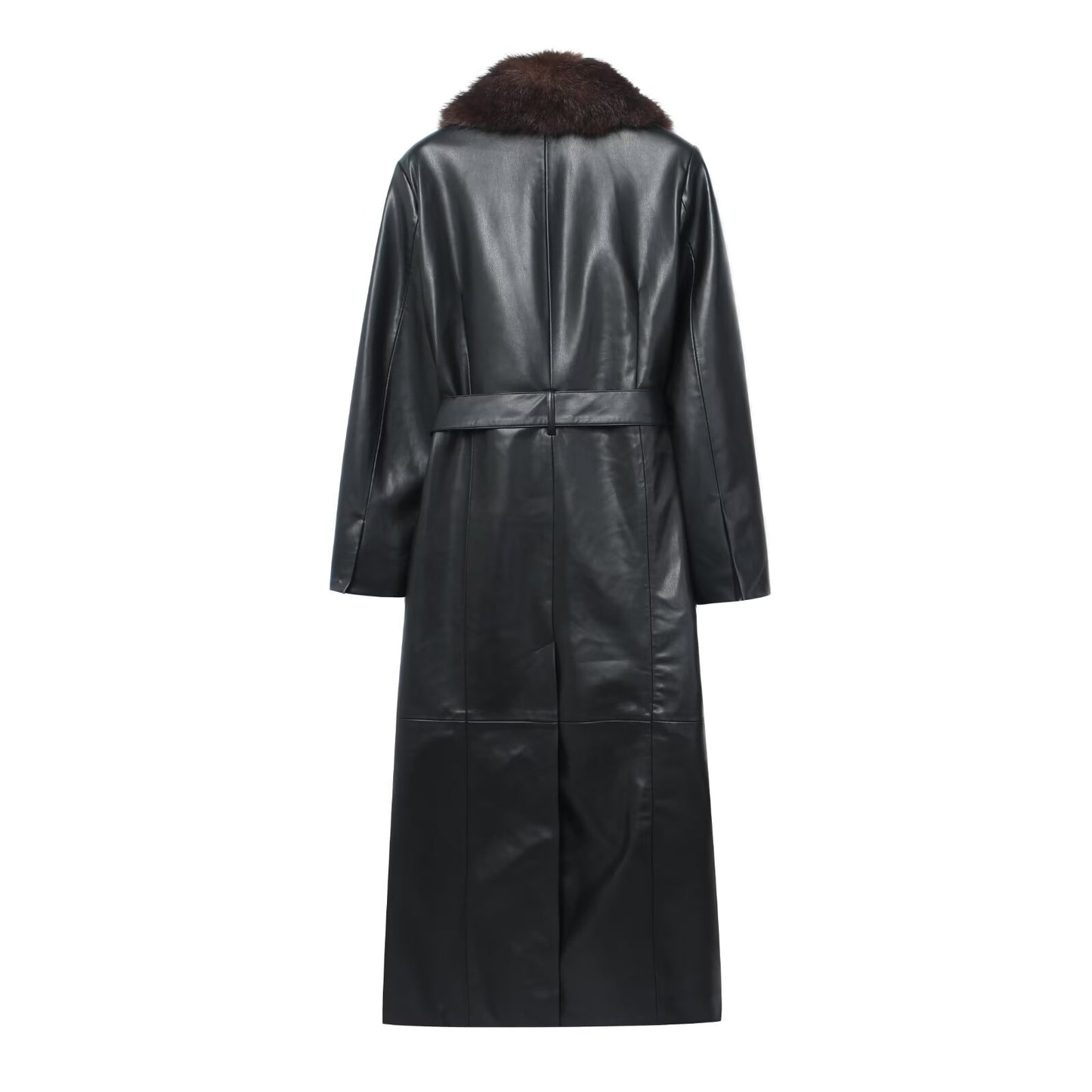 Fur Collar Full Length Faux Leather Trench Coat