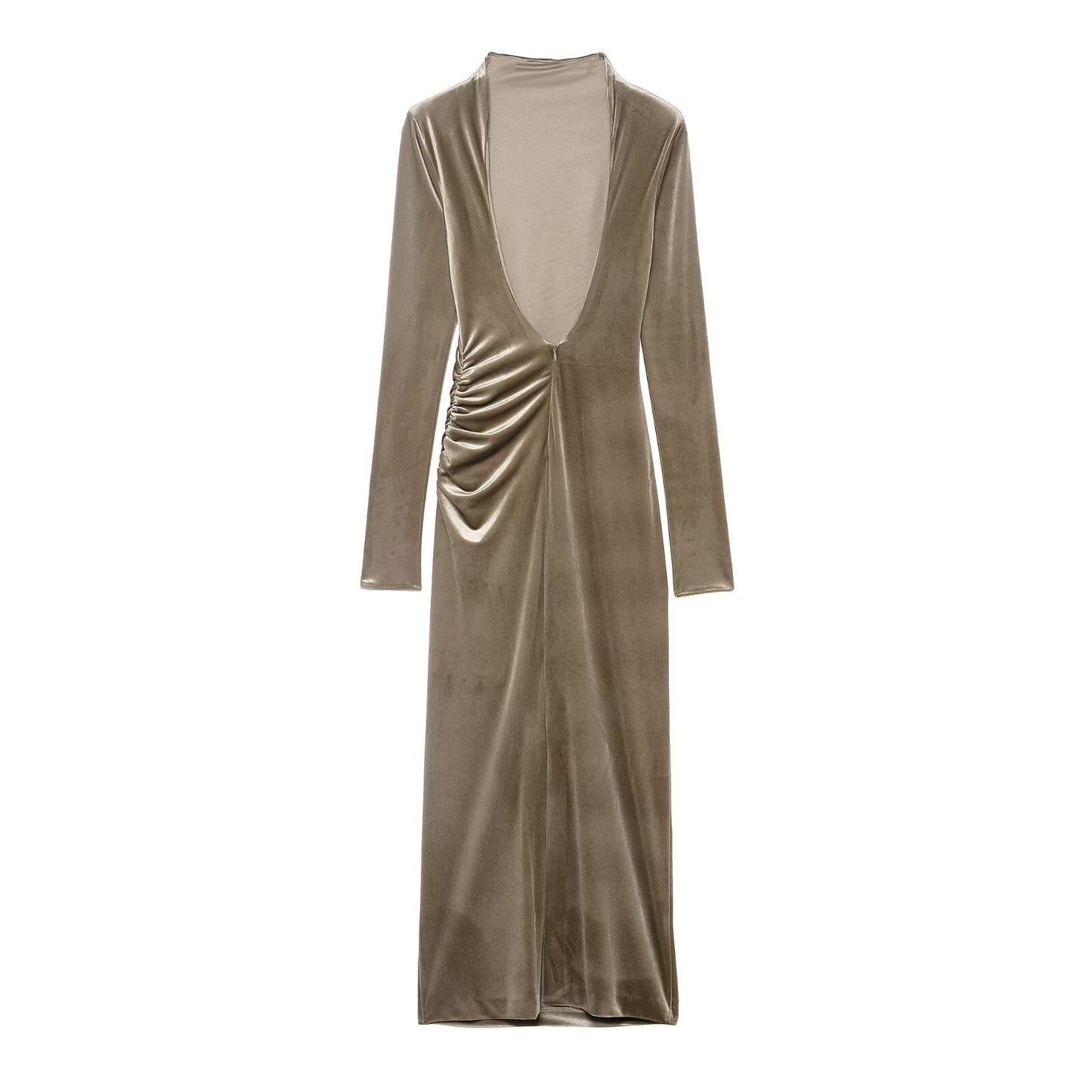 Backless Ruched Velvet Maxi Dress - Shop Style Shark Gold / Xs Backless Ruched Velvet Maxi Dress - Shop Style Shark Gold / Xs