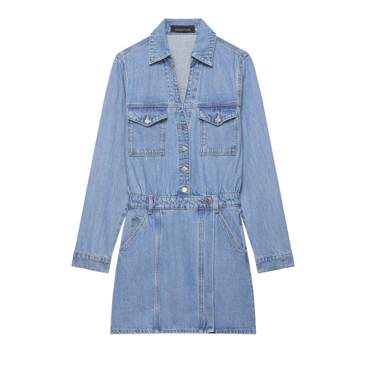 cinched denim dress Bleach Wash boohoo Gold Button Cinched Denim Dress