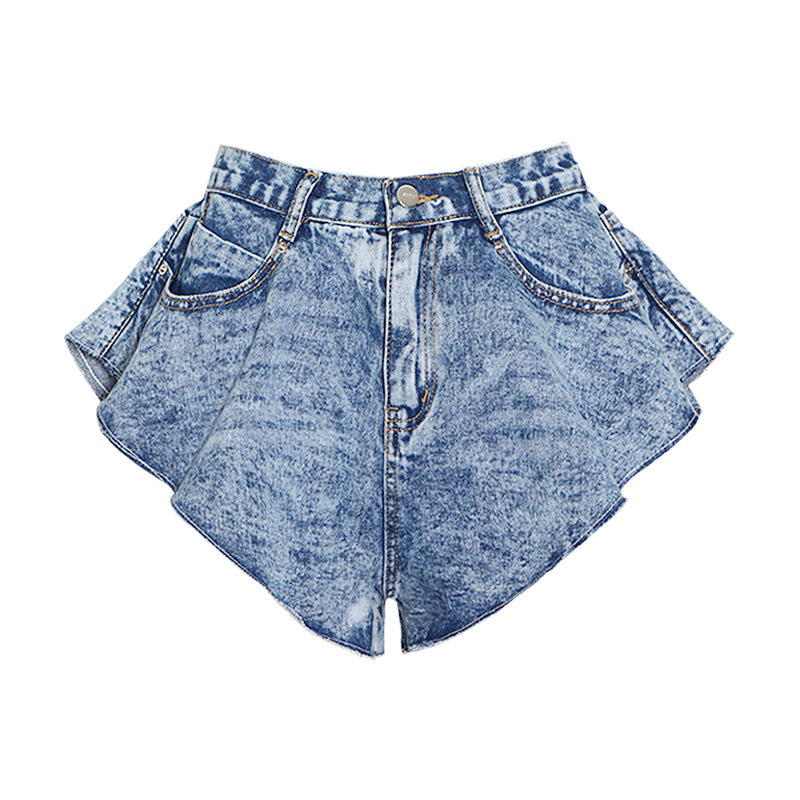 High Waist Flair Acid Wash Denim Shorts