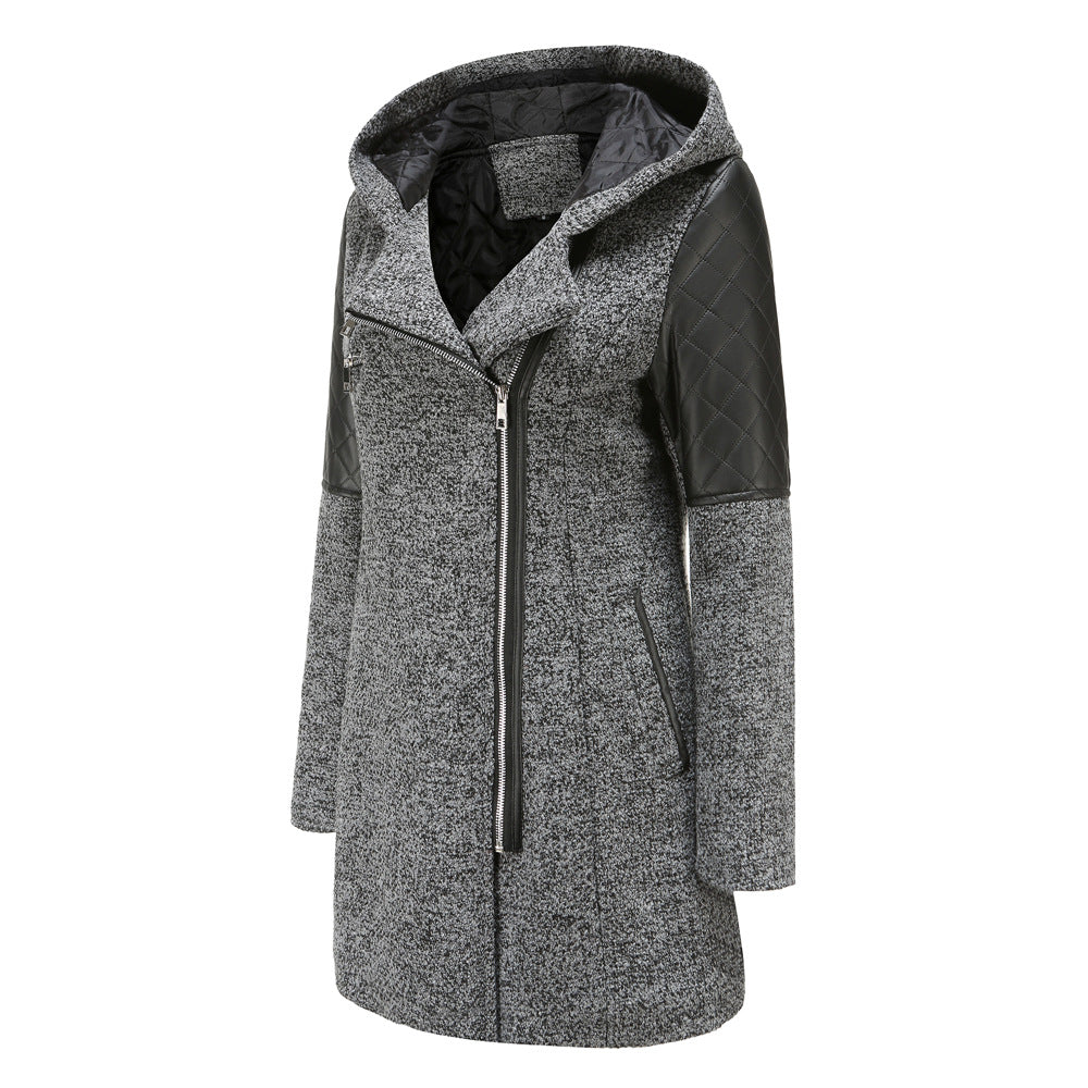 
                      
                        Hooded Woolen and Leather Patchwork Coat
                      
                    