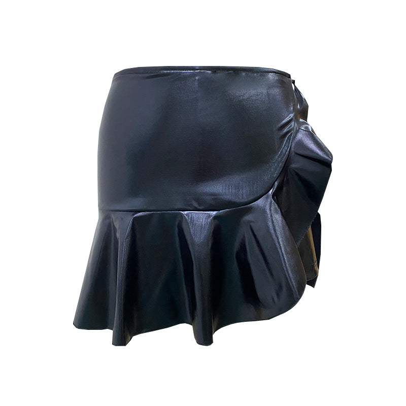 Faux Leather Ruffle Trim Mini Skirt