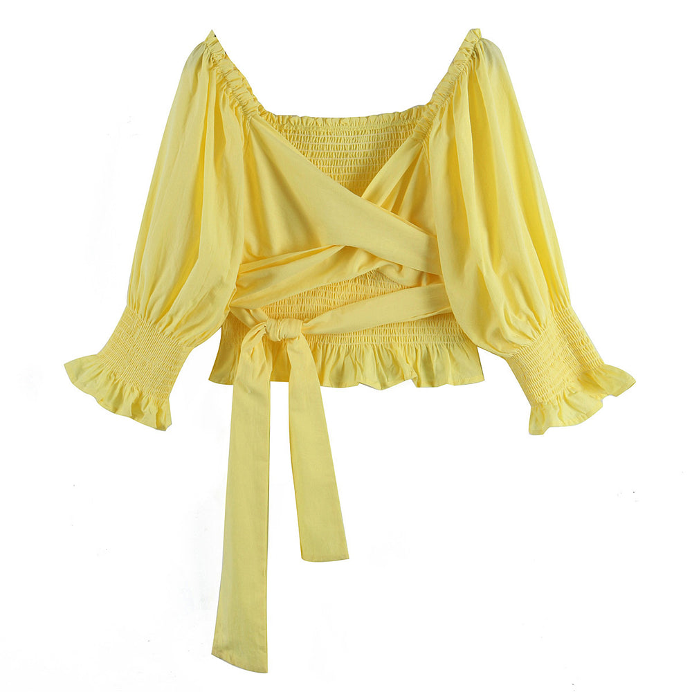 
                      
                        Puffy Sleeve Ruffle Trim Tied Top
                      
                    