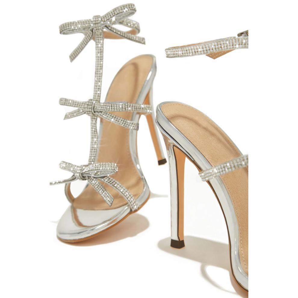 Rhinestone Bow Ankle Strap High Heels