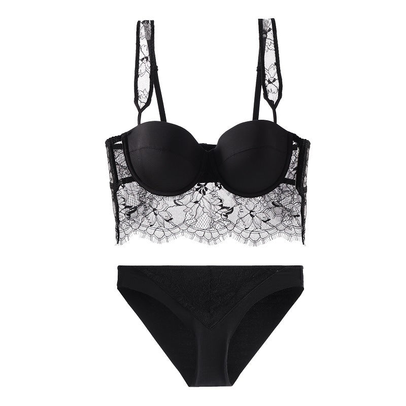 Sheer Lace Trim Bra and Full Underwear Set