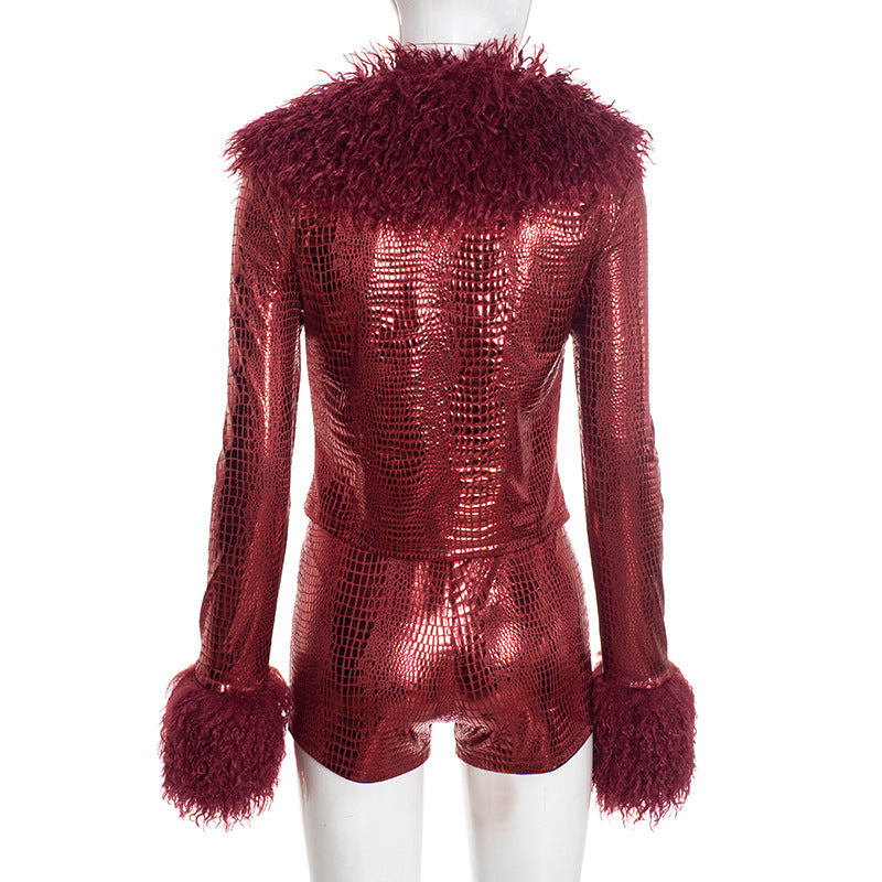 
                  
                    Fur Collar and Cuff Metallic Top and Hot Shorts Set
                  
                