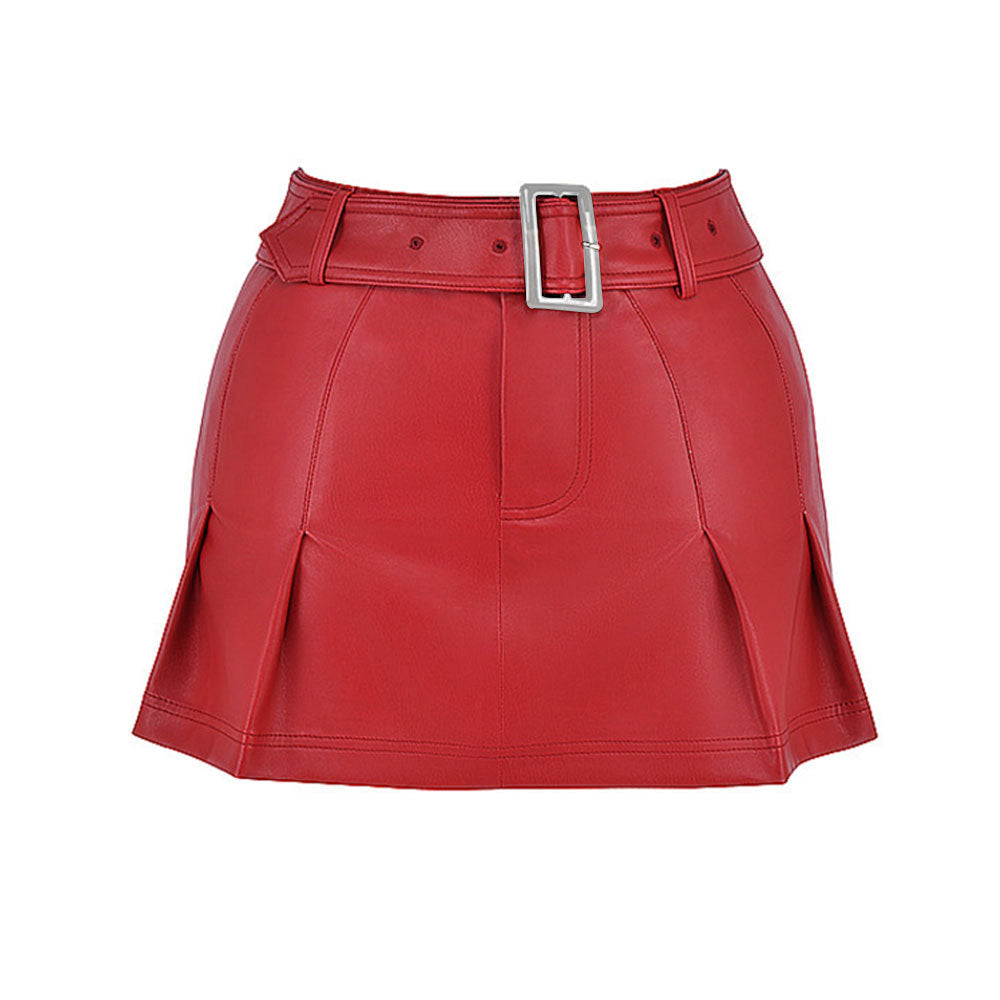 
                      
                        Pleated PU Belted Mini Skirt
                      
                    