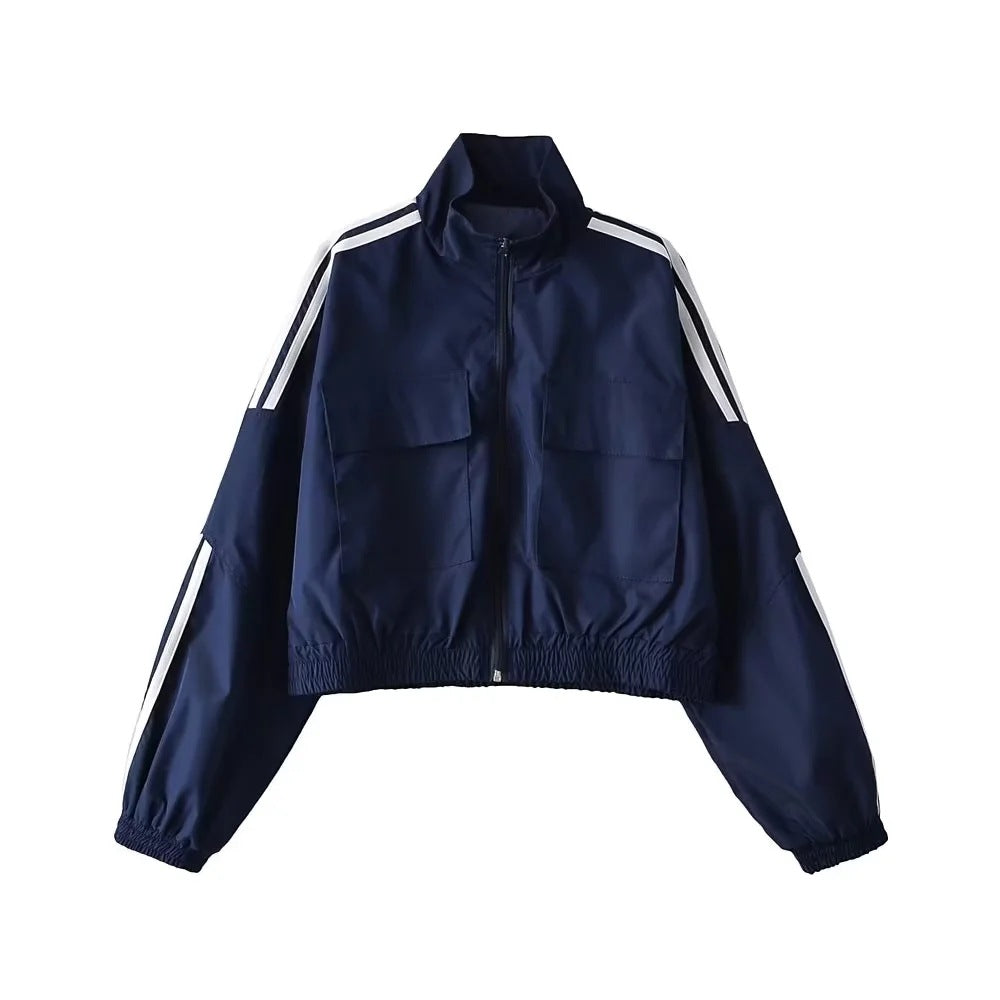 Striped Sleeve Zip Up Wind Breaker Jacket