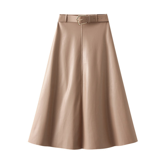 A Line PU Belted Midi Skirt