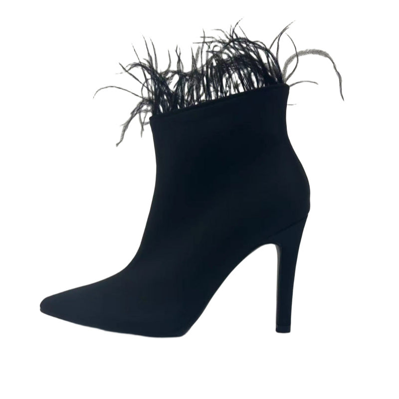 Feather Trim Pointed Toe Ankle Boots