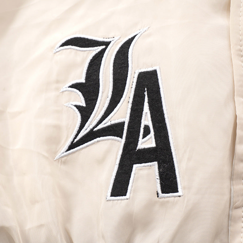 
                  
                    Cropped Ruched Sleeve LA Letterman Jacket
                  
                