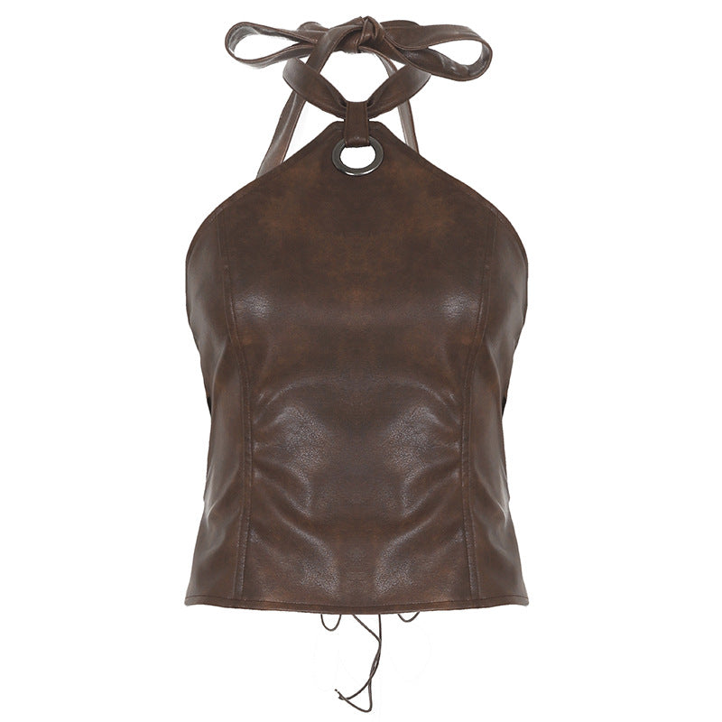 
                  
                    Faux Leather Cropped Halter Top
                  
                