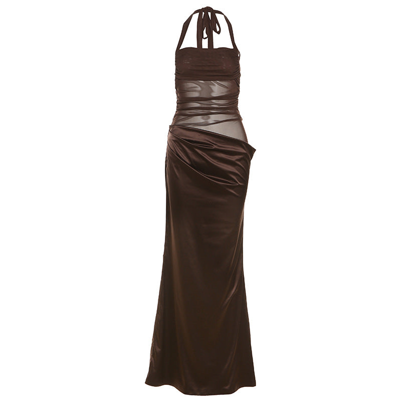 Sheer Bodice Draped Skirt Halter Dress