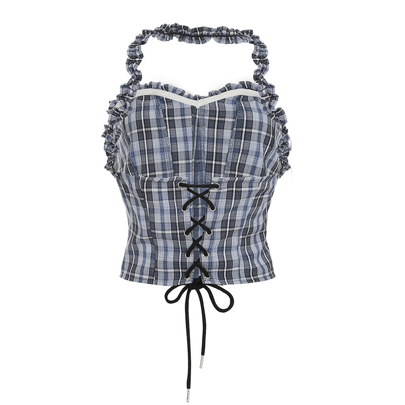 Ruffle Trim Plaid Corset Top