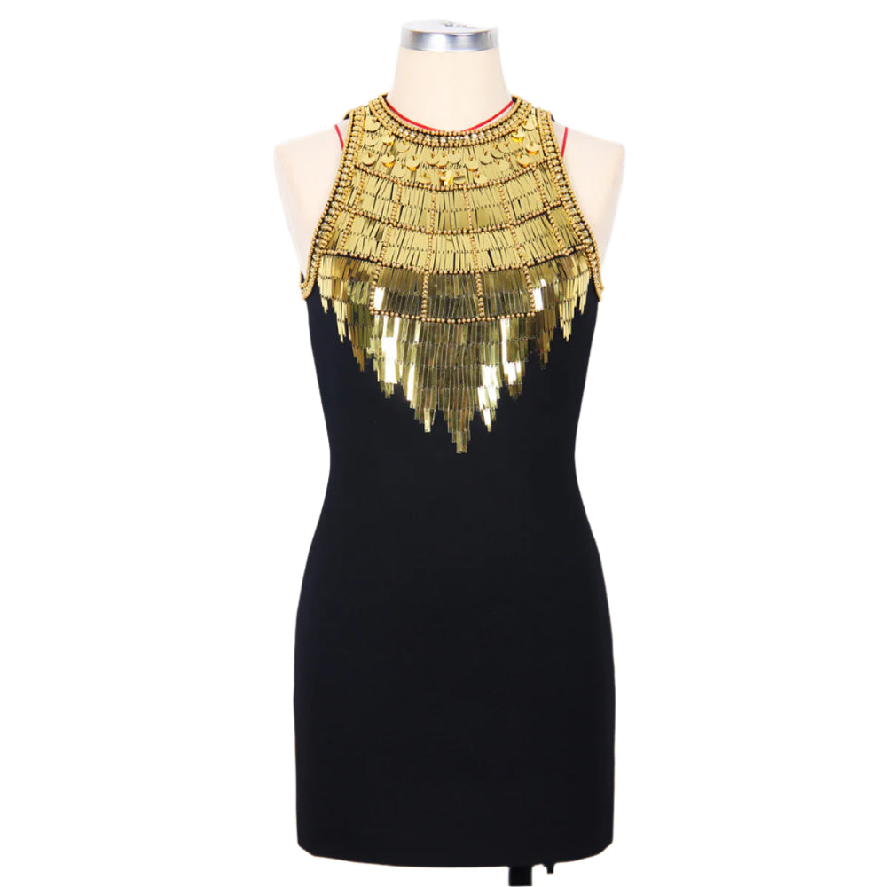 Gold Beaded Sleeveless Mini Dress