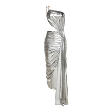  Metallic One Shoulder High Slit Draped Maxi Dress