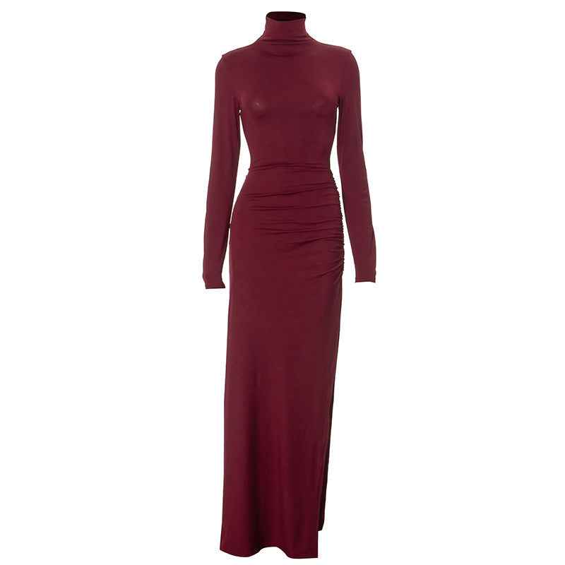 Turtle Neck Long Sleeve Side Slit Maxi Dress - Shop Style Shark Red / L Turtle Neck Long Sleeve Side Slit Maxi Dress - Shop Style Shark Red / L