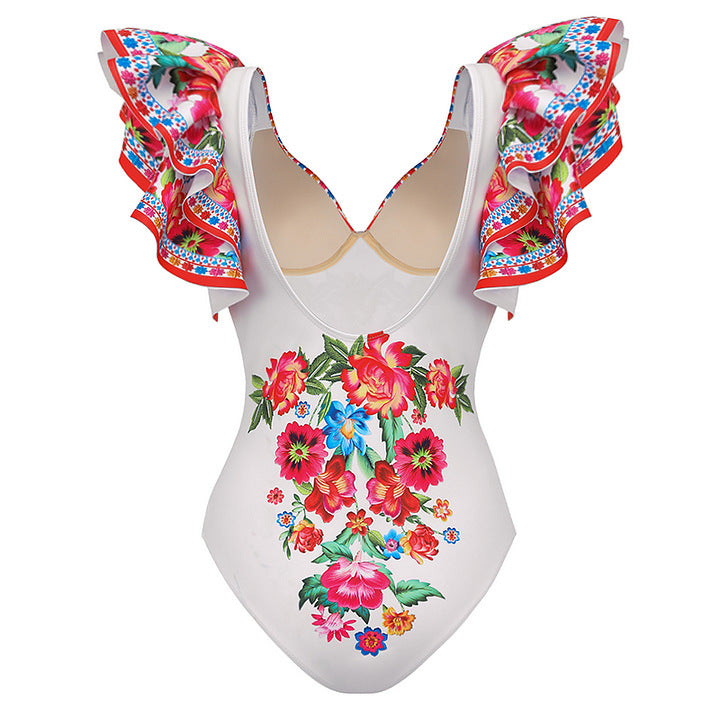 Ruffle Trim Strap Floral Print One Piece Swimsuit