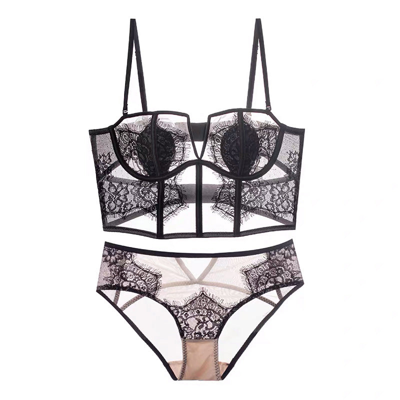 Sheer and Lace Corset Top and Underwear Set