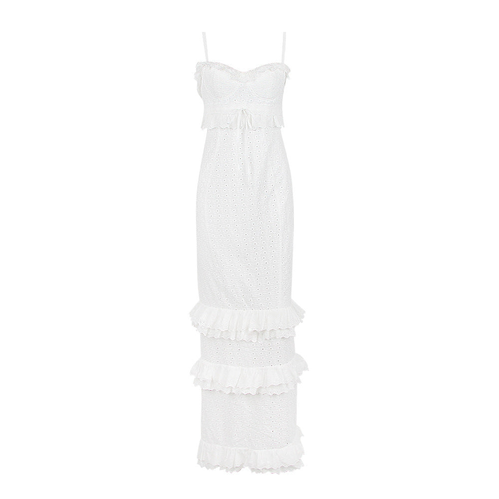 Ruffle Trim Laser Cut Spaghetti Strap Maxi Dress