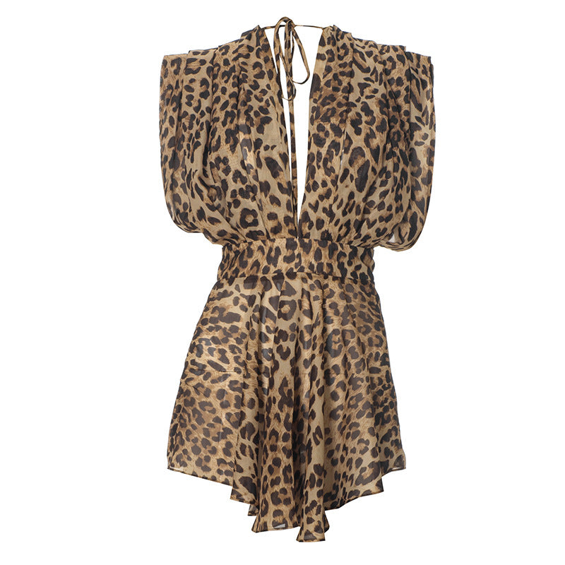 Deep V Leopard Print Sleeveless Mini Dress