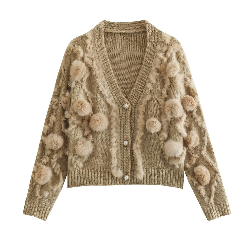 
                      
                        Three Dimensional Fur Ball Long Sleeved Knitted Cardigan
                      
                    