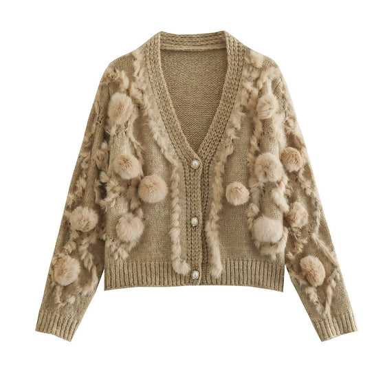 Three Dimensional Fur Ball Long Sleeved Knitted Cardigan