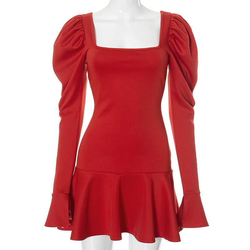 Puffy Long Sleeve Square Neckline Mini Dress