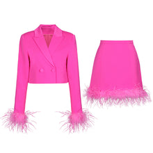  Feather Trim Blazer and Skirt Set