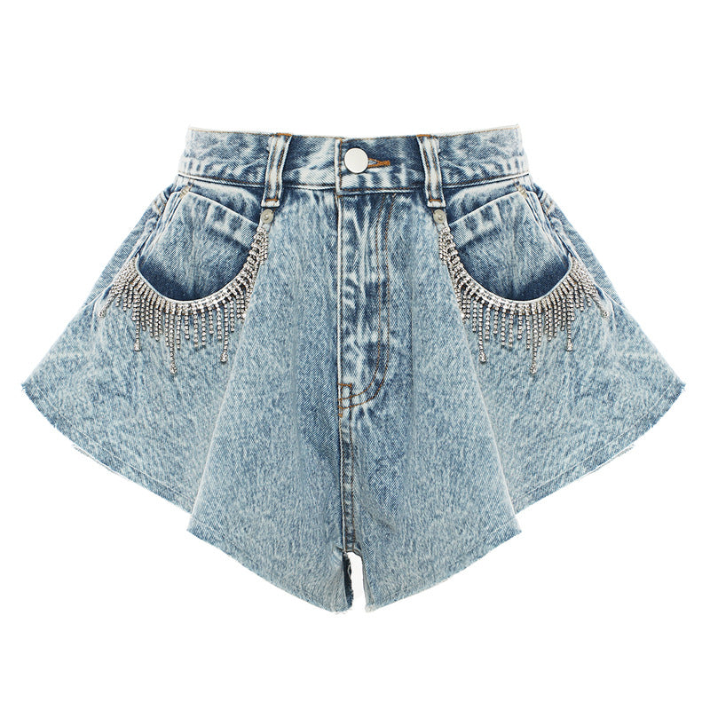 
                      
                        Rhinestone Trim High Waisted Flair Denim Shorts
                      
                    