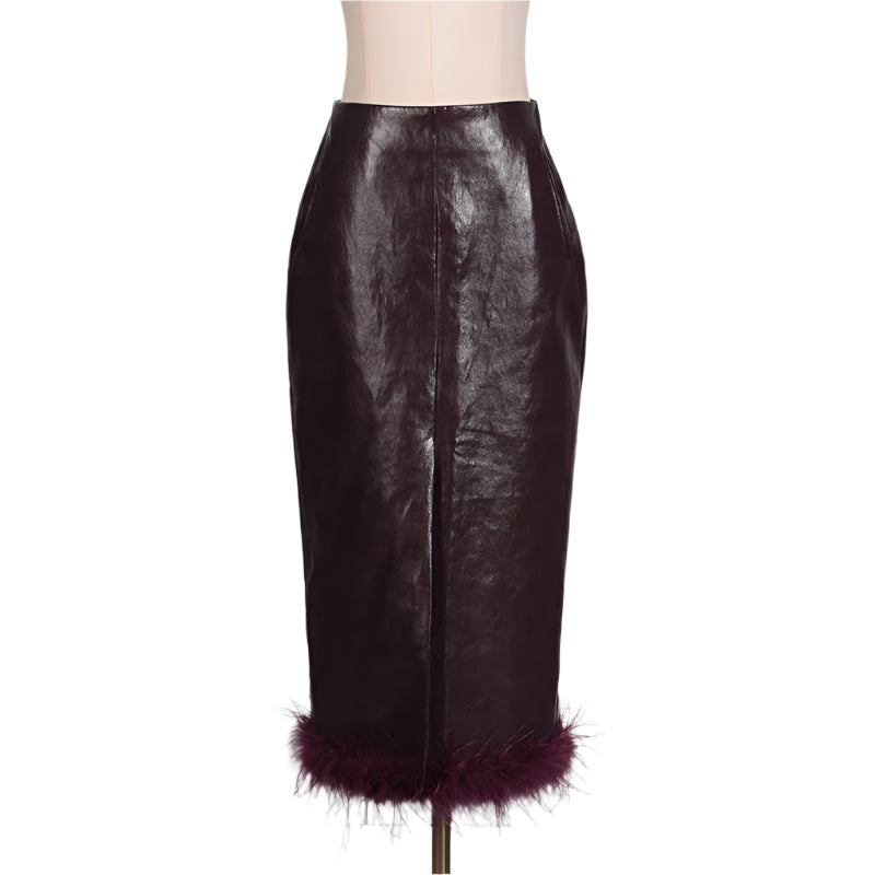 Feather Hem Faux Leather Pencil Skirt