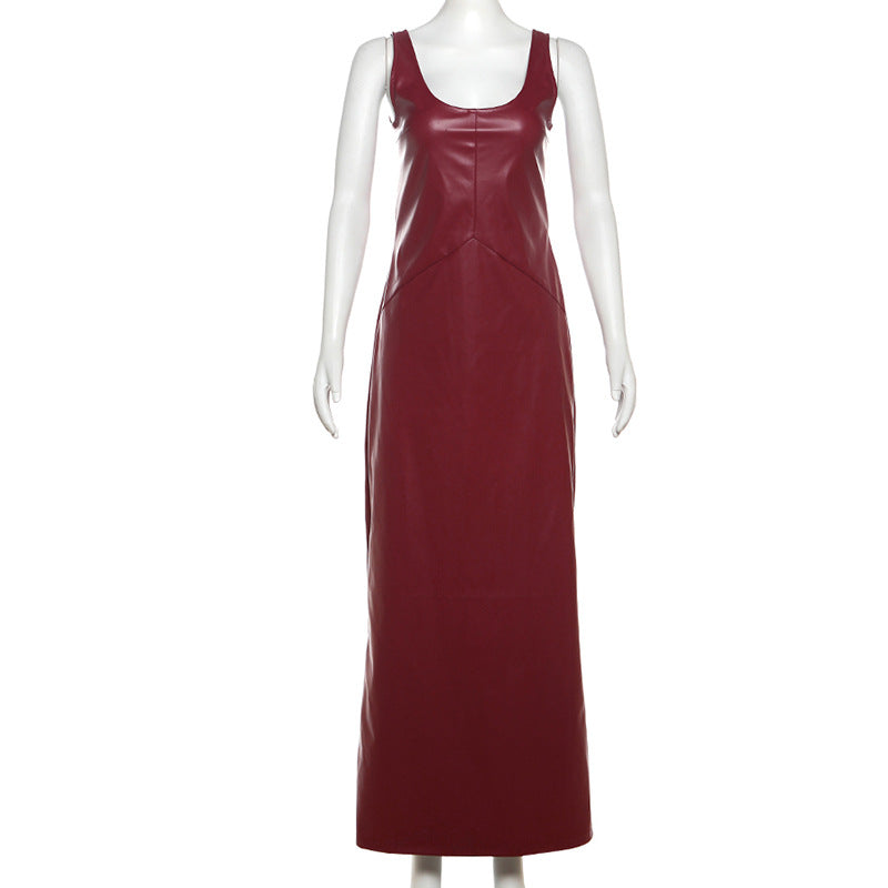 Scoop Neckline Faux Leather Maxi Dress