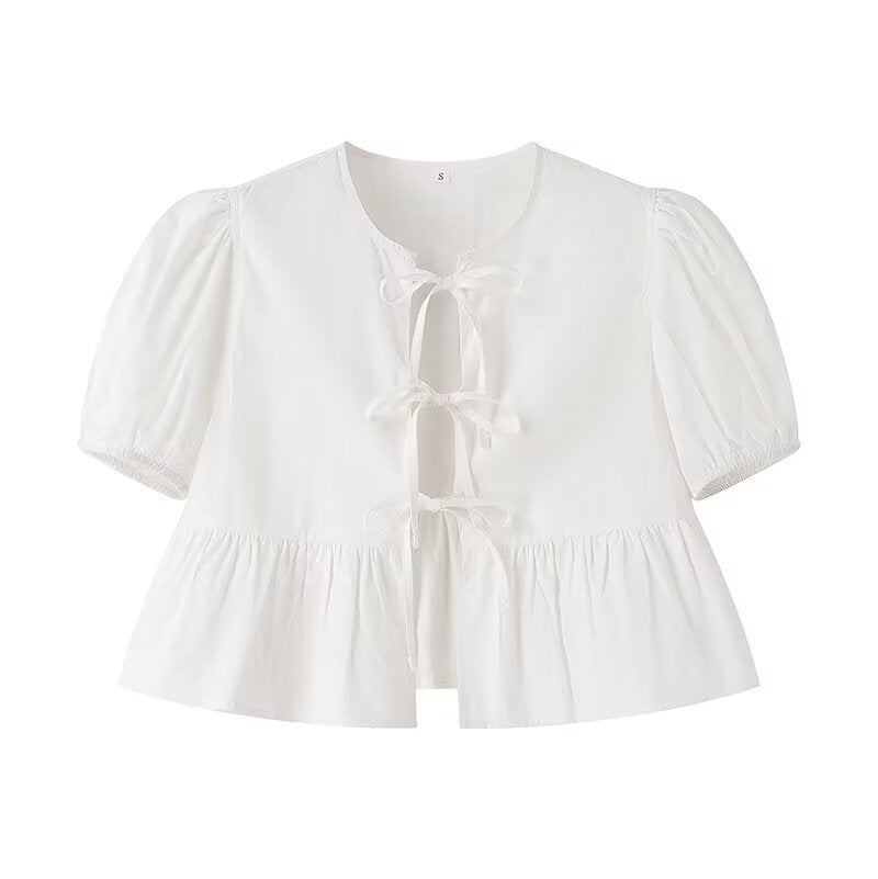 
                      
                        Puffy Short Sleeve Tied Front Open Blouse
                      
                    