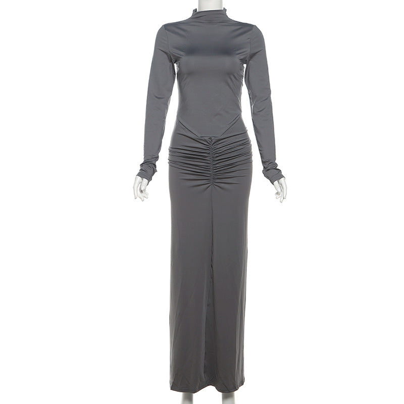 Long Sleeve Mock Neck Ruched Maxi Dress