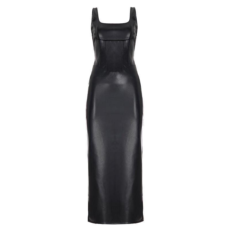 Sleeveless Faux Leather Maxi Dress