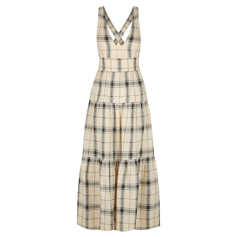 Cross Back Plaid V-Neck Maxi Dress