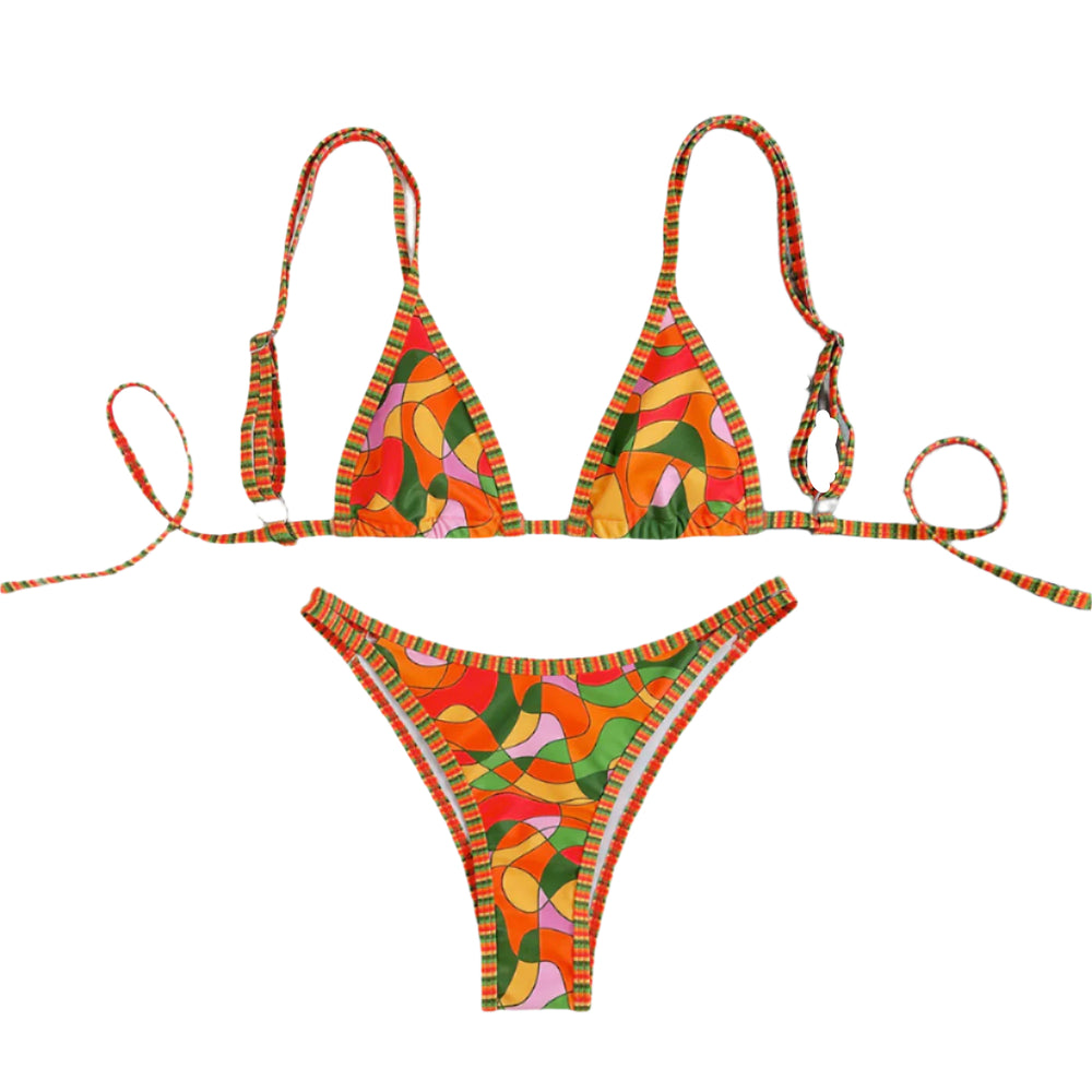 Print Stripe Trim Bikini Set