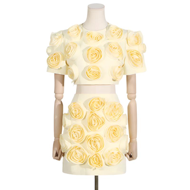 Rosette Puffy Sleeve Top and Mini Skirt