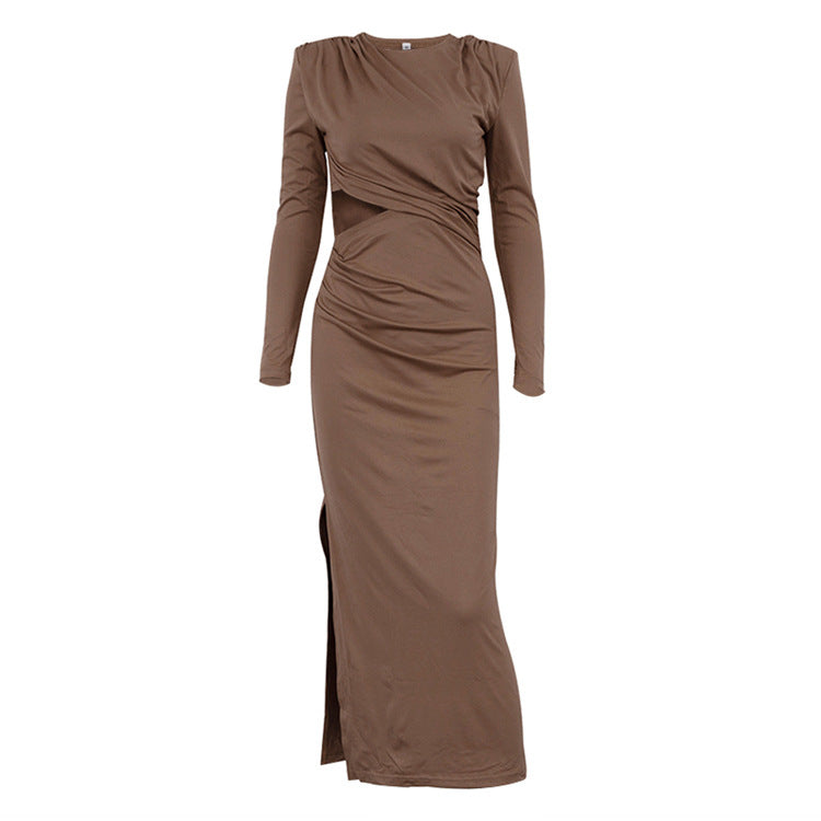 Long Sleeve Shoulder Pad Cut Out Maxi Dress