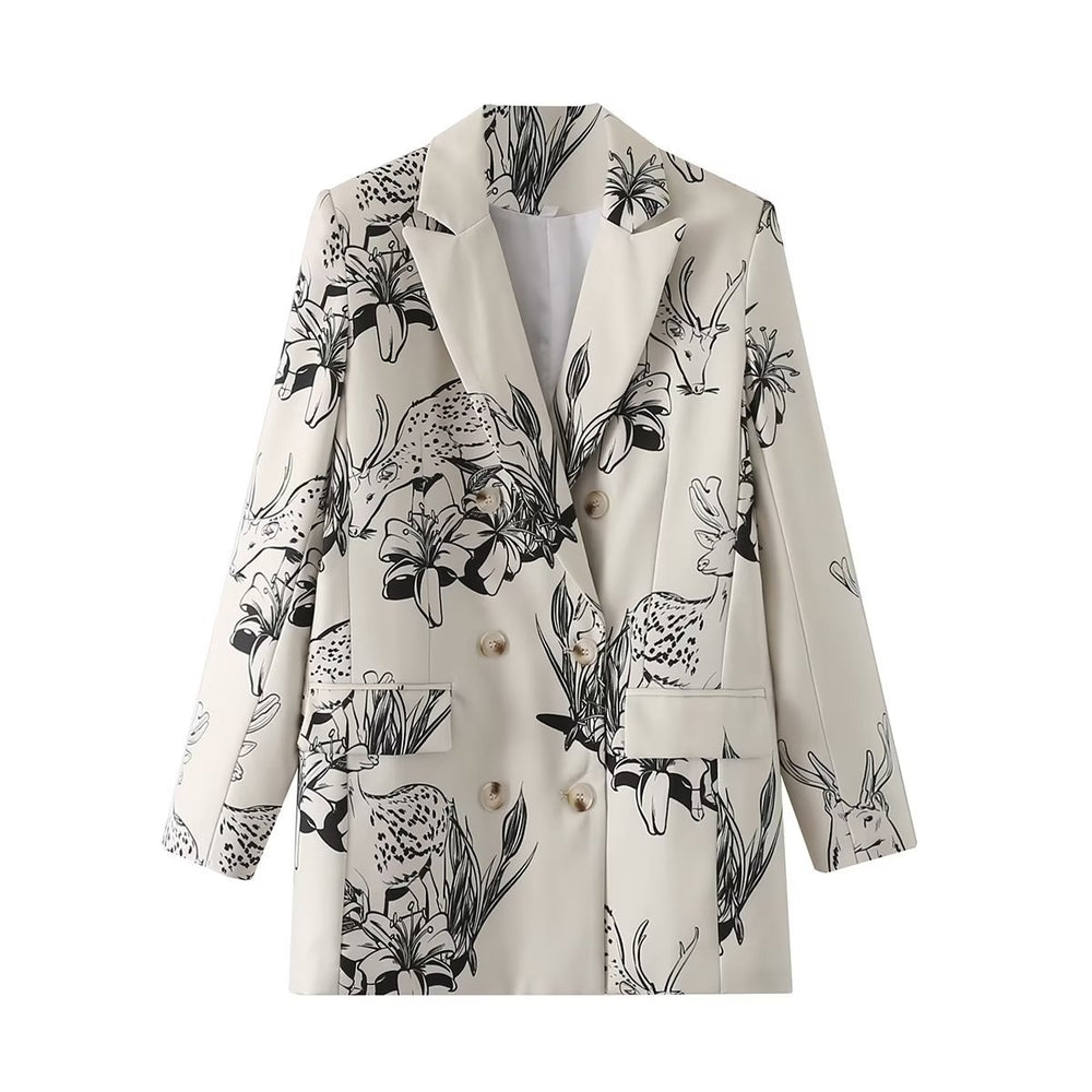 Floral Print Long Sleeve Double Breasted Blazer