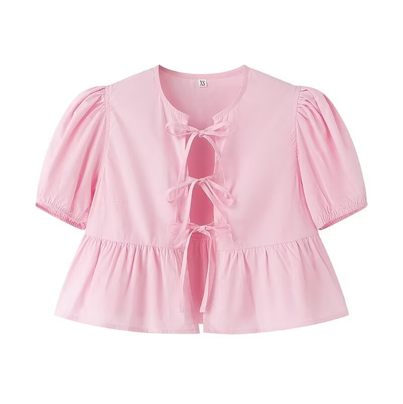 
                      
                        Puffy Short Sleeve Tied Front Open Blouse
                      
                    